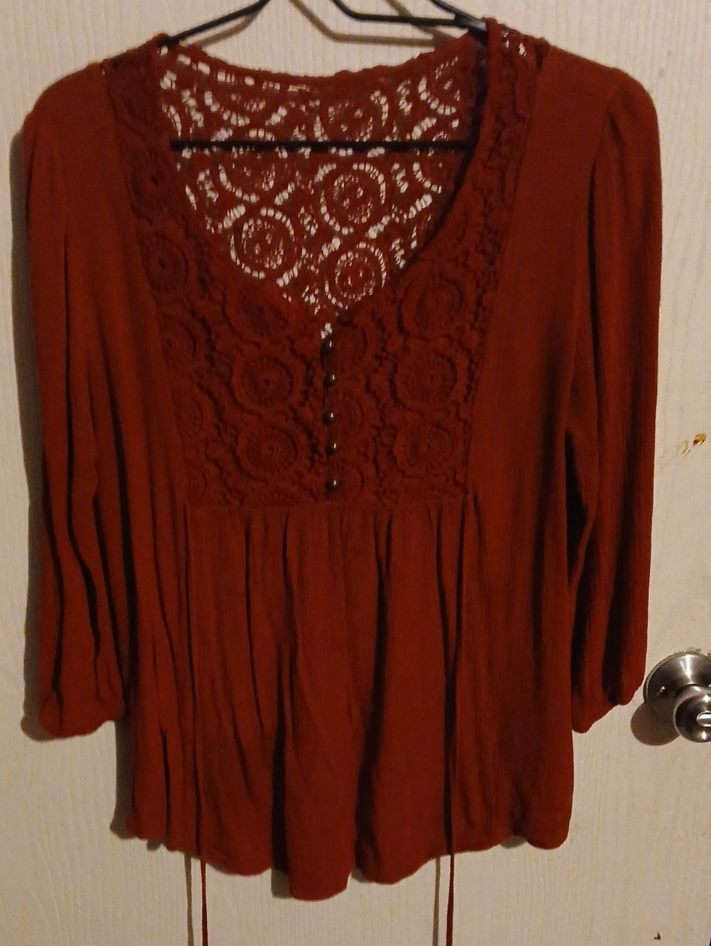 Women's Rust Crochet V-Neck Peasant Top
